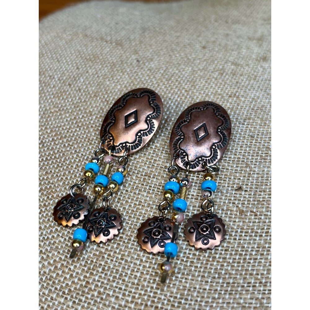 Vintage Copper & Turquoise Beaded Dangle Earrings With Geometric Design & Tribal - Picture 2 of 11